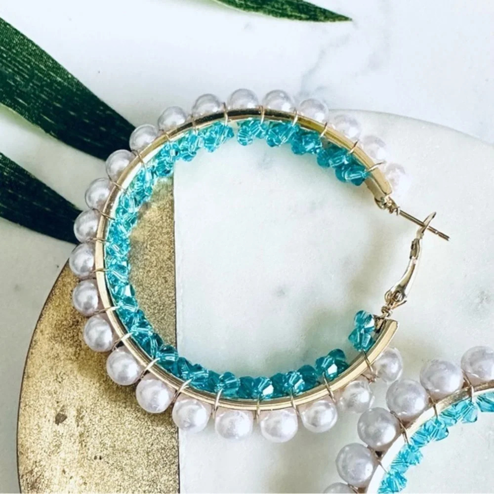 2/$30🌵 Faux Pearl & Blue Beads Gold Tone Hoop Earrings Boho Bohemian Jewelry - Picture 4 of 8